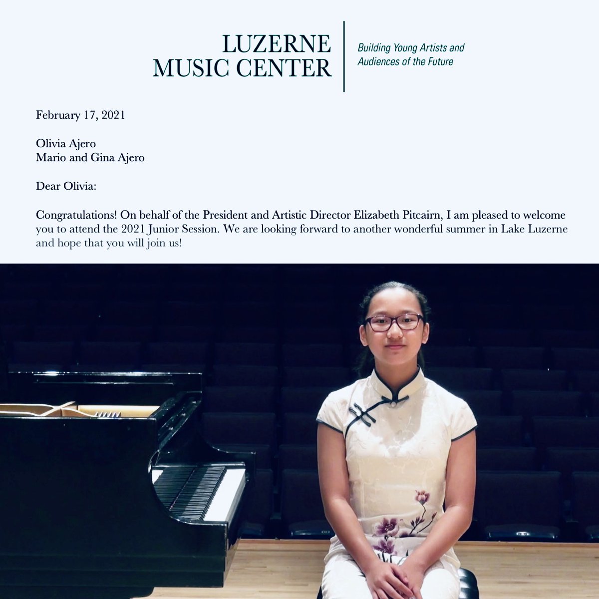 This young lady is excited she was accepted to attend @LuzerneMusic this summer in New York and get the opportunity to make music with amazing musicians from around the world!