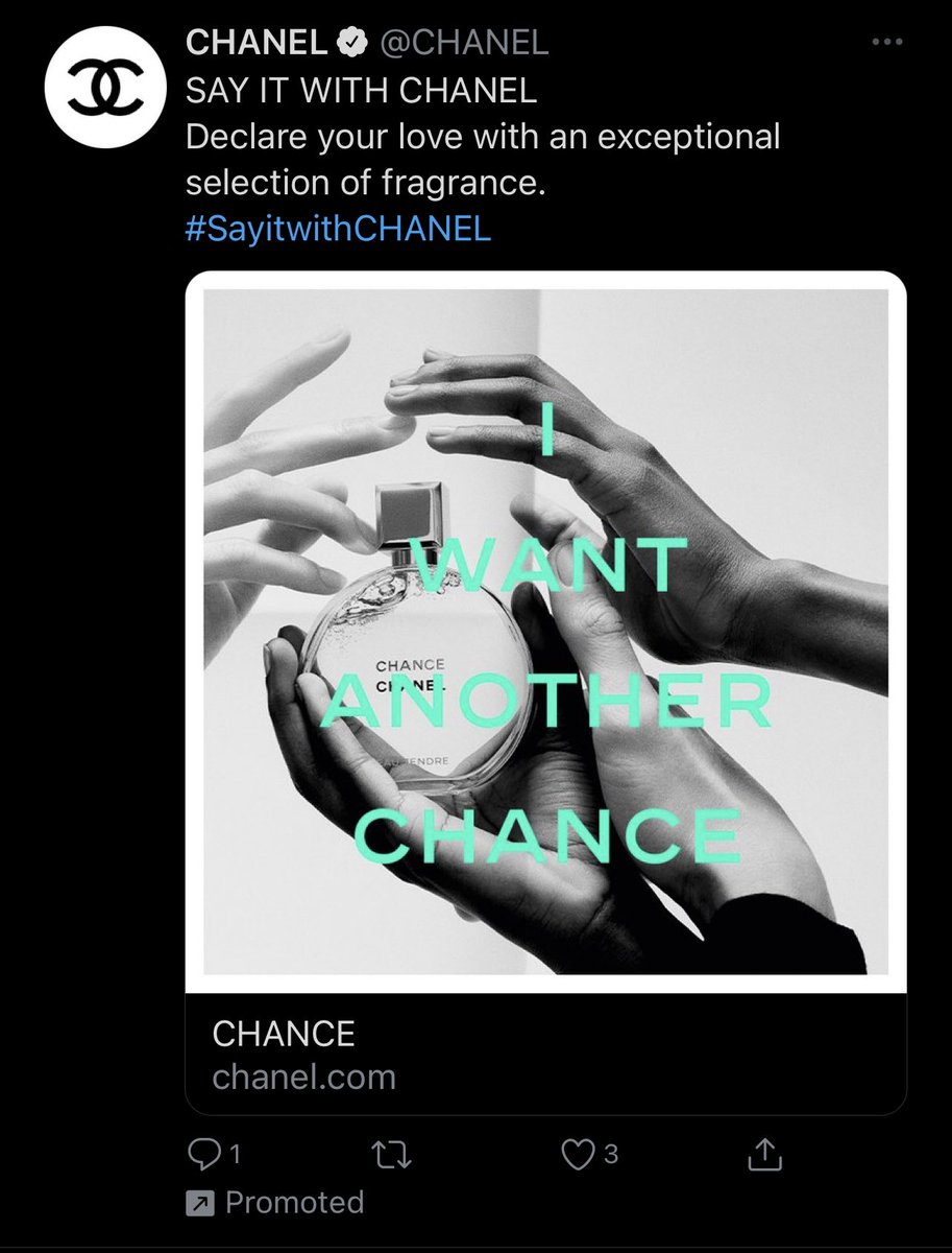 AKERMANISMS's tweet photo. When you don’t want your girlfriend to break up with you and the only thing that can save the relationship is Chanel No. 5 https://t.co/NRNnYLu5U4