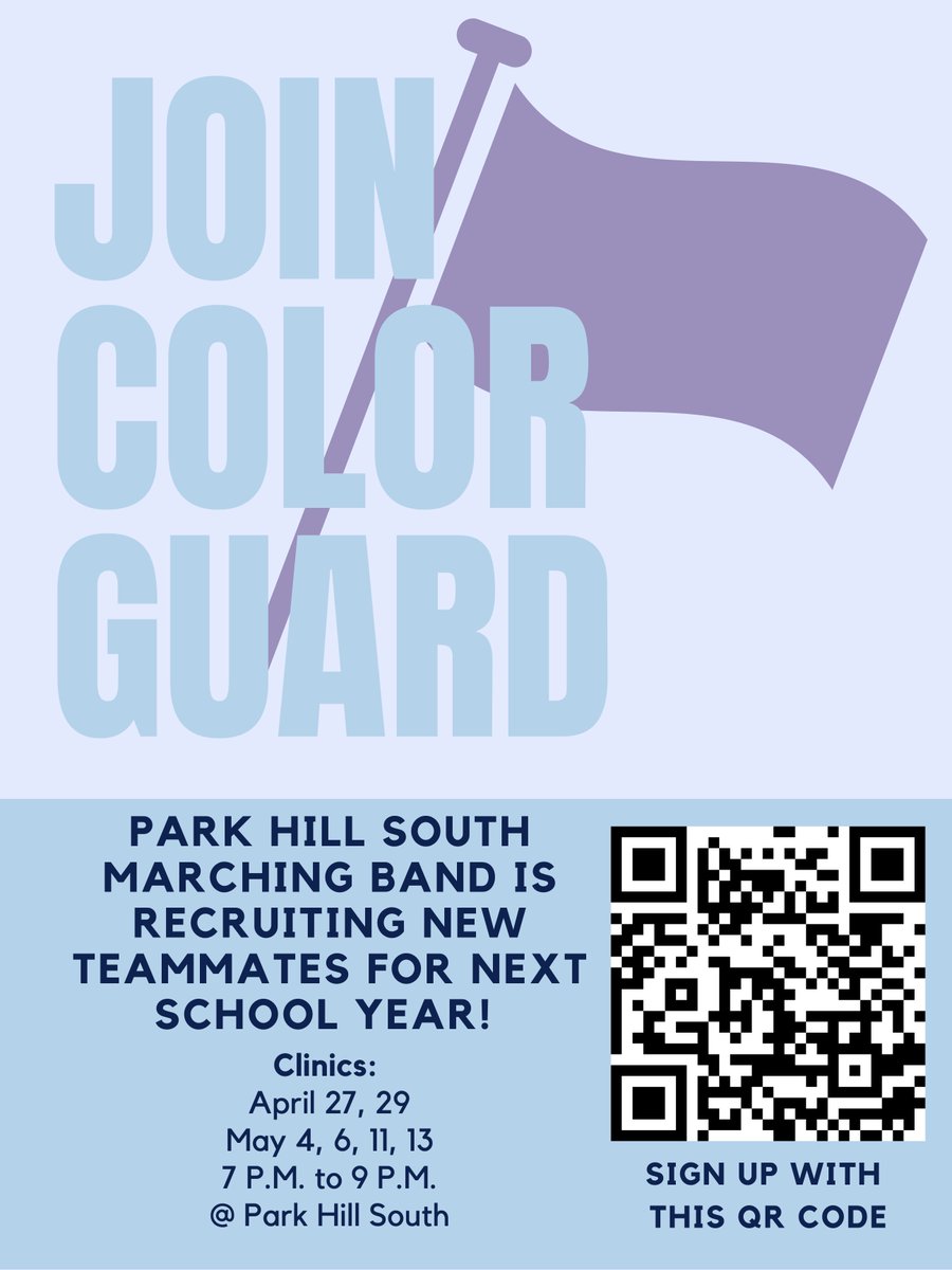 We're looking for some new Color Guard performers for next year!  No experience needed.  We're offering clinics to teach the basics in preparation for the audition.  Use the QR code below the sign-up.