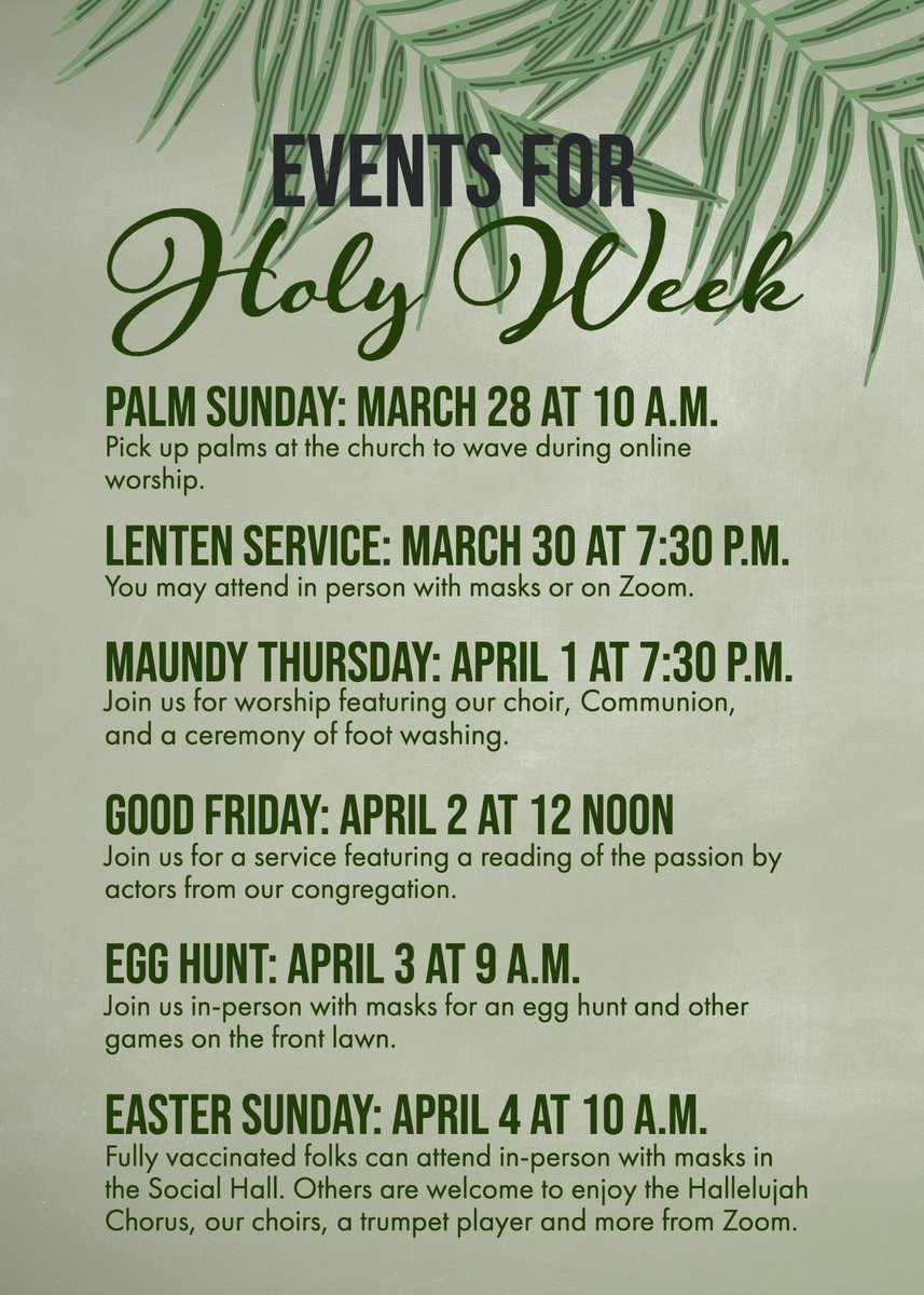 FCCPA's tweet photo. Check out the events we have on the horizon as we count down the days until the good news of Easter morning is set loose in the world. Join us! #Easter2021 #GoodNews #SpringIsComing #welcomeandaffirming https://t.co/T5LQW8TUvp