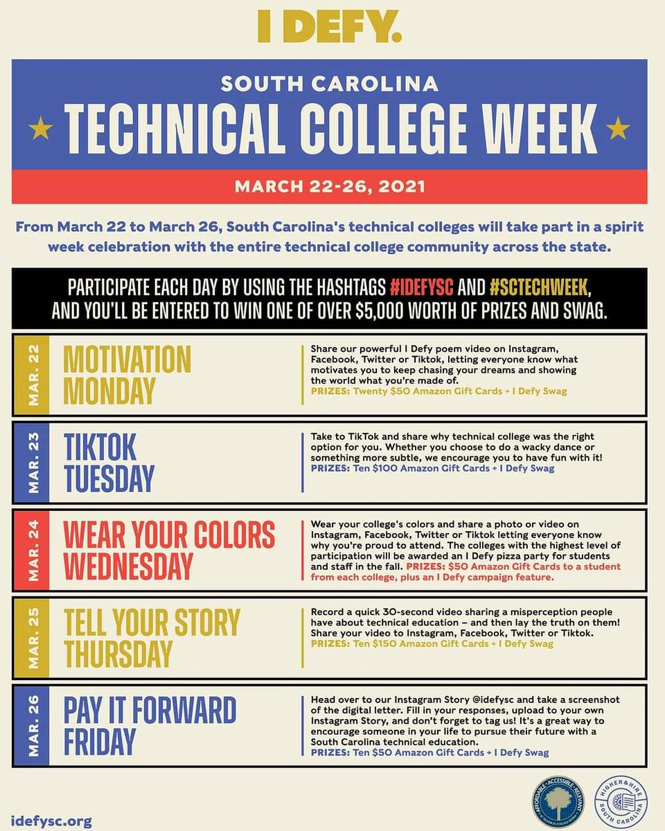 DenmarkTechSC's tweet photo. This coming week is SC Technical College Week, a celebration of everything it means to be a part of the @SCTechSystem. By participating and using the hashtags #IDefySC and #SCTechWeek you will be be entered to win over $5,000 worth of prizes and swag. https://t.co/rShQ3JPqm3