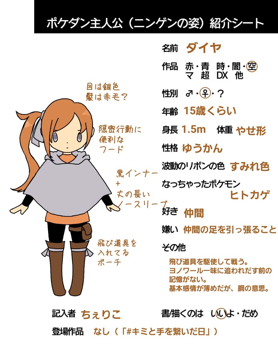 ちぇり 潜ってます O 星の調査団との出会い 怪我を負ったところをかくまわれ 恩返しとして協力するようになった 名前の由来 意志が固い 硬い石のダイヤにちなみ 星の調査団のリーダー格が命名 後に彼はヨノワ一味の手にかかり 特技 きのえ