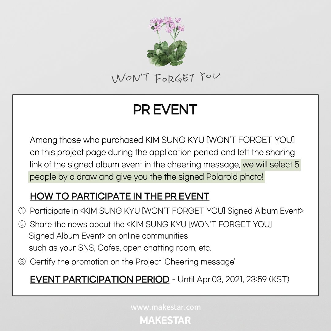 Makestarcorp's tweet photo. 📢MAKESTAR EXCLUSIVE EVENT

#김성규 #KIMSUNGKYU
김성규 [WON'T FORGET YOU] Signed Album Event OPEN!

🌼 기명 사인앨범 응모기회
🌼 멬스 한정 미공개 홀로그램 포토카드
🌼 친필사인 폴라로이드 

2021.03.22 ~ 2021.04.04 (KST)
🔗https://t.co/UZx7bypbNB https://t.co/eRRxbZTd7v