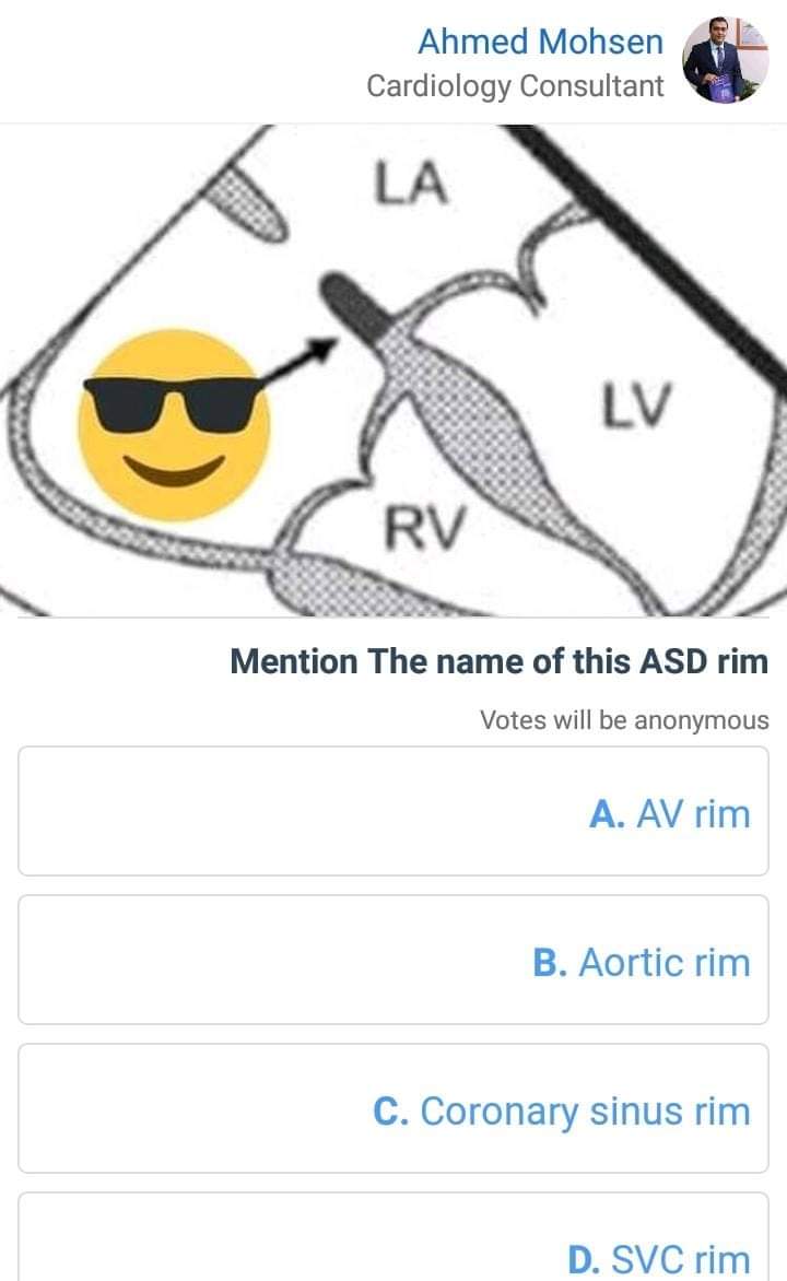 drahmedmohsen85's tweet photo. New imaging  challenge  - Cardiology Quizzes Medshr group! 
Mention the name of this ASD rim! 
Vote now in Medshr!
The correct answer will be provided after 24 hours in Cardiology Quizzes Medshr group
Join now for free from here 
https://t.co/50feC9jvww
#cardiotwitter #echofirst https://t.co/IEqqd0yofB