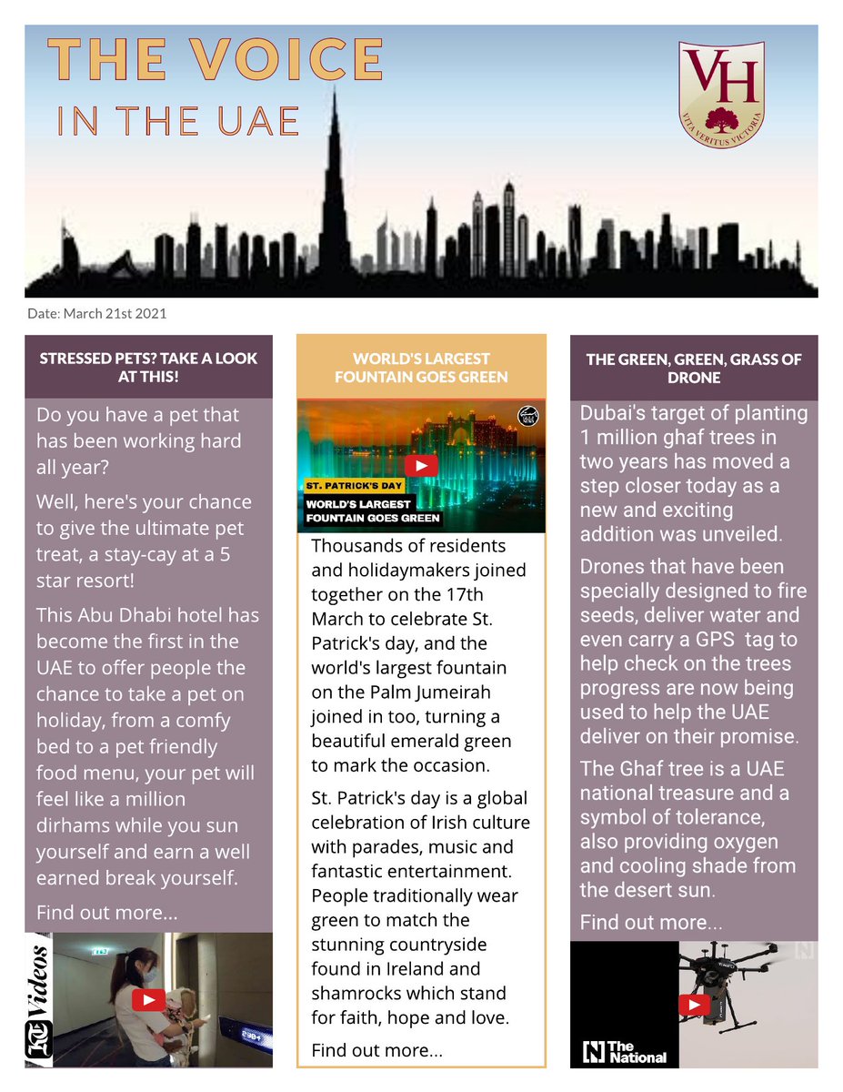 VHPS_Inclusion's tweet photo. Our children stay up to date with what's going on in our community by checking out our weekly school newsletter, The Voice In The UAE, take a look at the latest edition. https://t.co/w1Hv1N7nk2