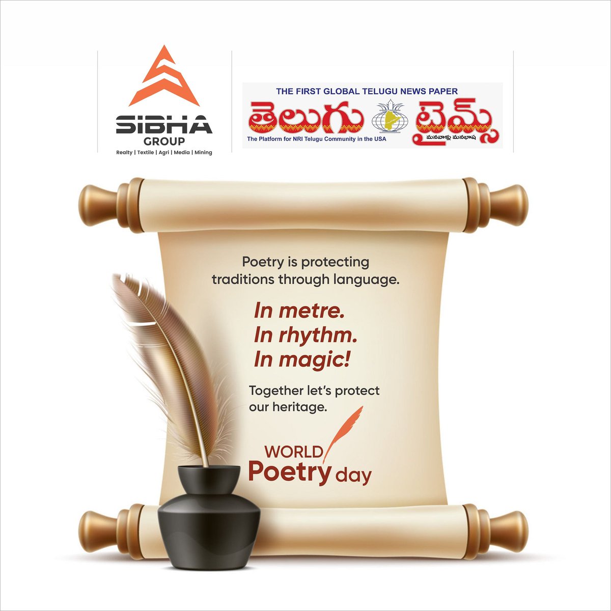 SibhaGroup's tweet photo. Poetry protects language &amp; traditions with its grace and aesthetics. It's important we join hands to protect poetry &amp; in turn protect our rich heritage. TeluguTimes observed World Poetry Day on 21st March &amp; rededicated itself to the cause of language, tradition, heritage &amp; legacy https://t.co/5SBO9JAWo1