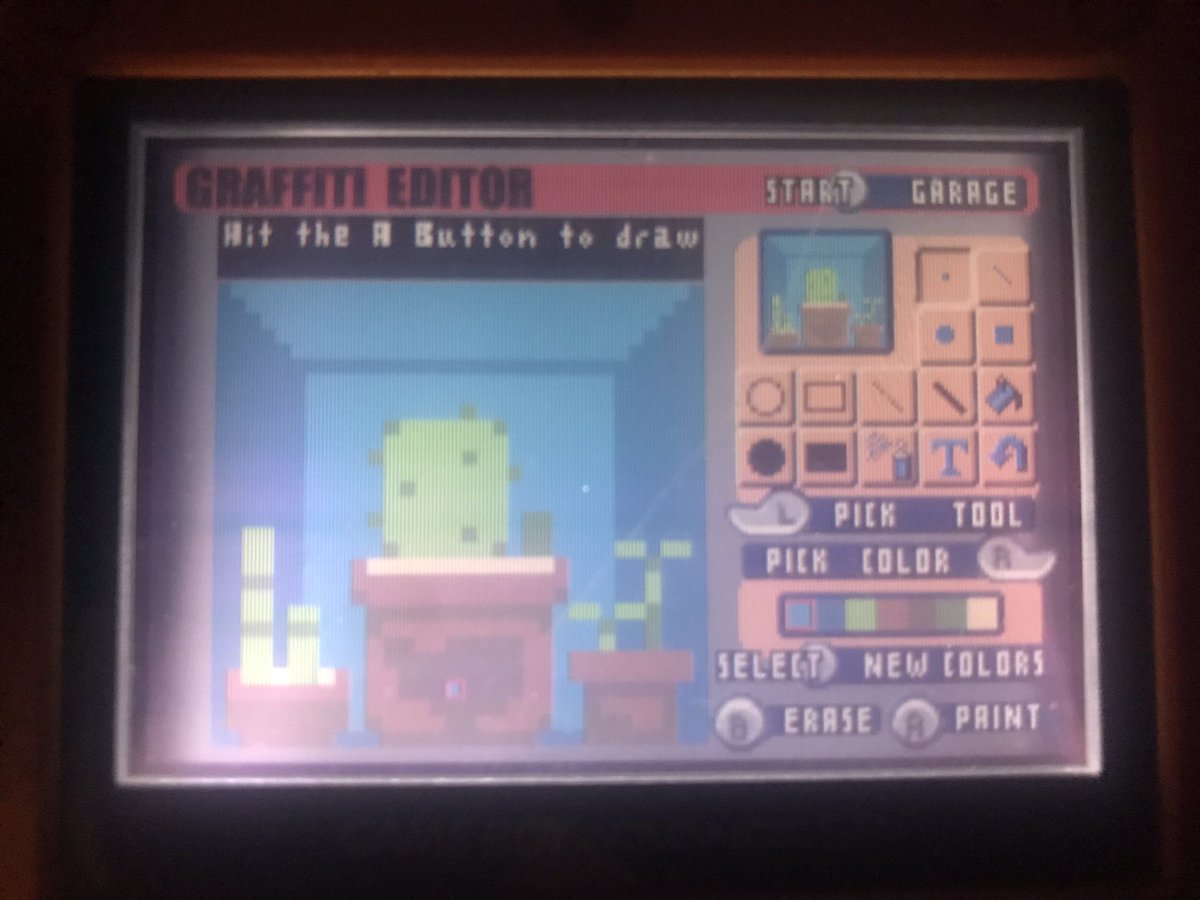 HexaBlu's tweet photo. I know the photos are not the best, but for the GBAs 20th anniversary I wanted to take a moment to recognize how good Jet Set Radio for GBA really is. Not only is it a great adaptation, It has A BUILT IN PIXEL ART EDITOR! w/ a ton of tools and support for a custom 7 color palette https://t.co/xa34nxN8yq