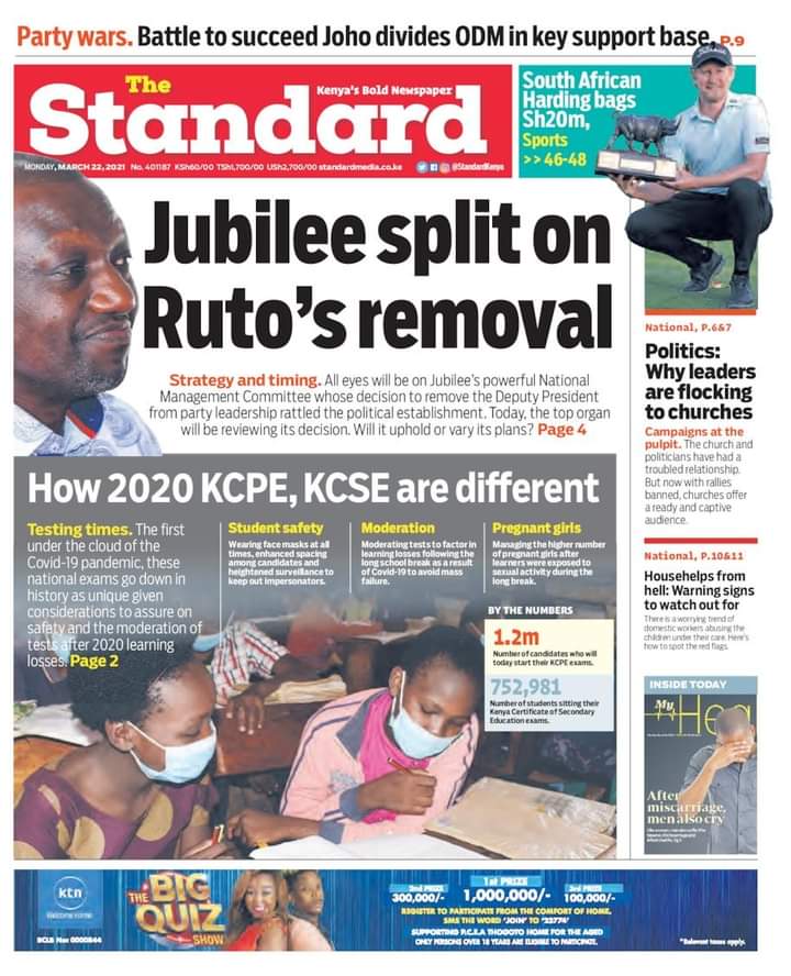 Punchline Africa Tv S Tweet Patvupdates Kenya Today S Newspaper Headlines 22nd March 21 Standard Jubilee Split On Ruto S Removal Daily Nation Exposed Why Covid Deaths Are Spiraling The Star Jubilee Borrowed