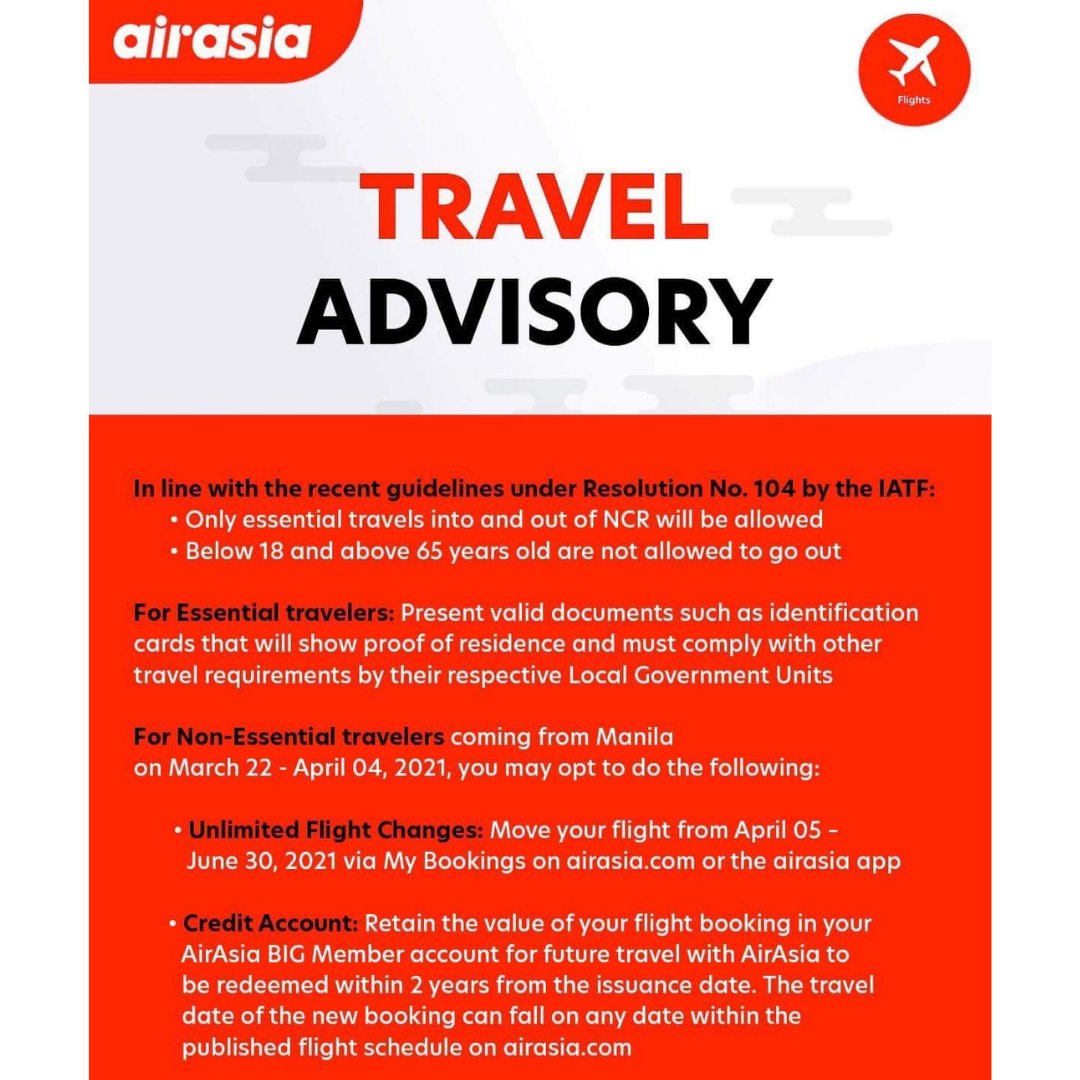 LSDBHotel's tweet photo. To our guests who are travelling to Boracay in the coming days, in line with the resolution of the IATF, please refer to the following travel advisories from Cebu Pacific and AirAsia: https://t.co/aZwMVX0Xo0