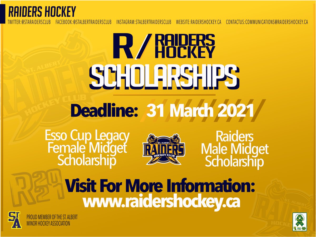 staraidersclub's tweet photo. The deadline to apply for both Raiders Hockey scholarships is fast approaching. Visit the https://t.co/aTuTCQAklR website for links in the News section to find out more about the qualifications for these two annual awards. #RAIDERSHOCKEY #STABUILT #RAIDERSPRIDE https://t.co/odSNCSE9Op