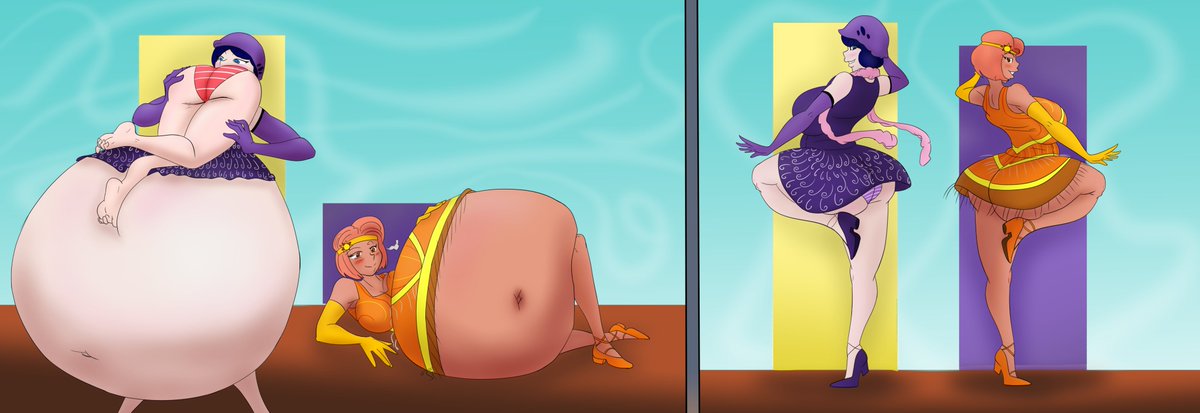 BBbrowser's tweet photo. After you digest a meal, you got to show off your hot new bod with a fresh dance right!

Here's an amazing comm I got from @StudioNatsume that I lined and coloured featuring Odetta and Ausra in their natural habit, eating and dancing! #vore #belly #bellystuffing #weightgain https://t.co/OmAIPcDKQX