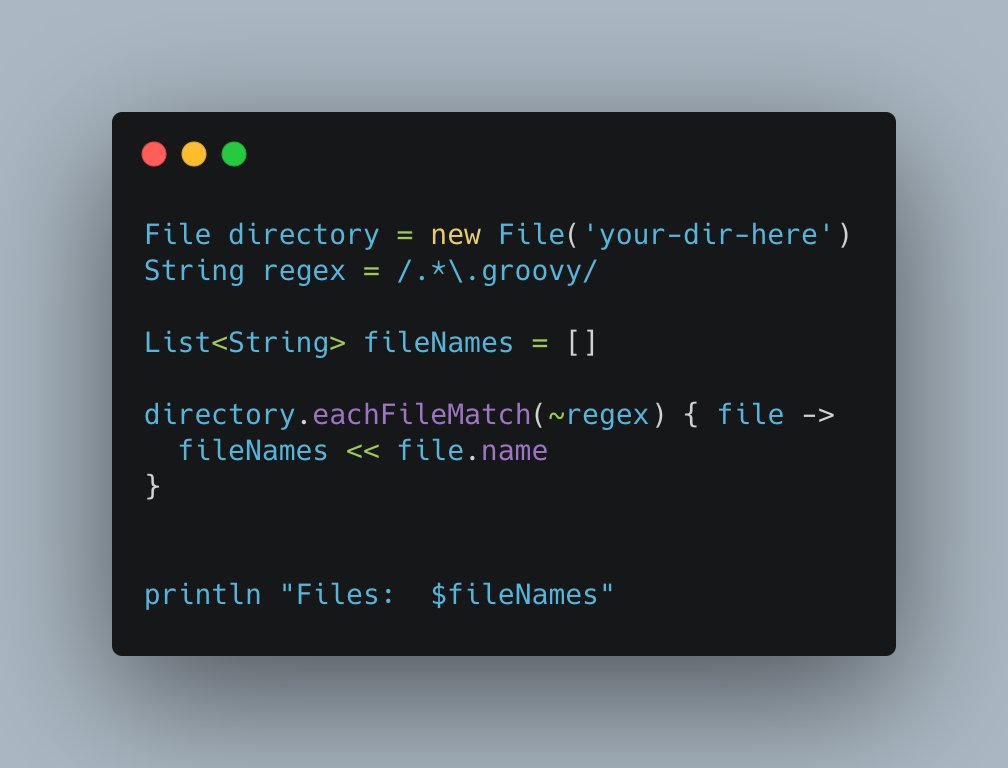 Desveloper's tweet image. Aquí les van unos cuantos tips a la hora de trabajar con archivos en @ApacheGroovy 

Es bastante simple, por ejemplo, si quieres traer todos los archivos de un directorio que terminen con cierta extensión.

#desveloper #groovylang #programacion #manejodearchivos