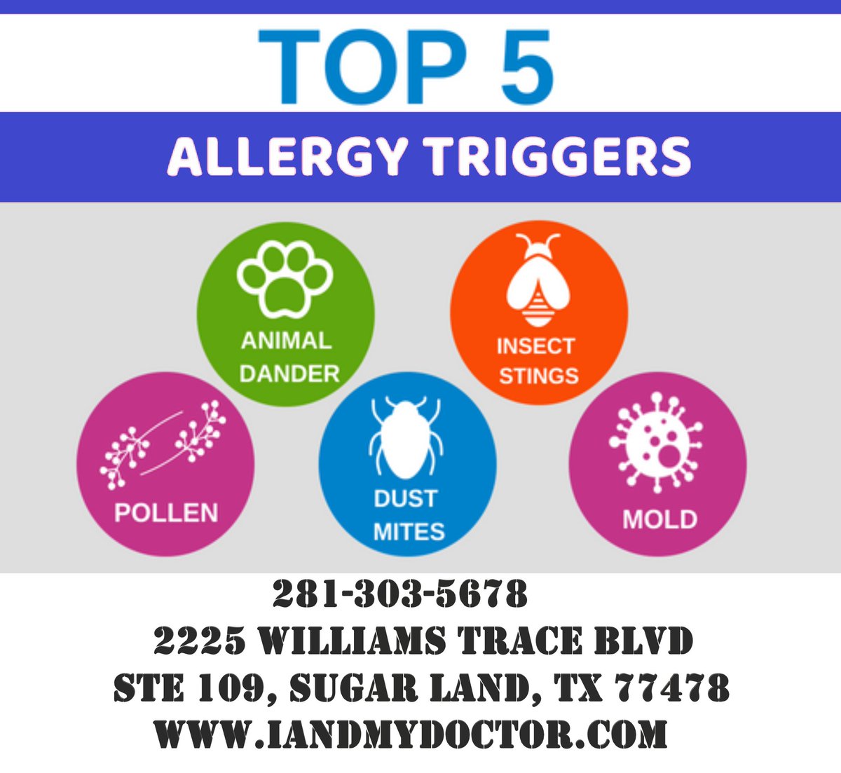 AndDoctors's tweet photo. Top 5 #Allergy triggers.

#doctornearme #physiciannearme #primarycarephysician #doctorchaudhari #iandmydoctor #sugarland #texas #familydoctor #familyphysician https://t.co/WIXI1UTp59