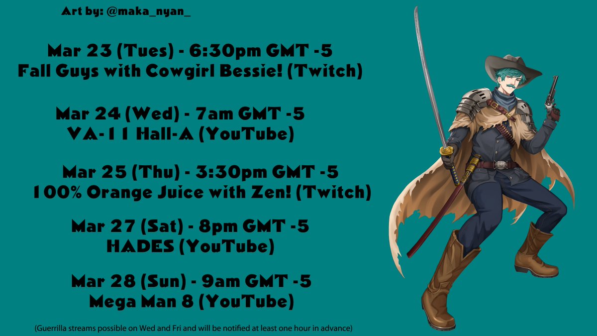 WalkerSunriseEN's tweet photo. Schedule up! I have two collabs this week! Fall Guys with the lovely @cowgirlcowgirl_ , and 100% OJ with @ZenNoKiseki !
Tags:
#WalkerSunrise - General
#Pardners - Fans
#WalkOnAir - Livestream
#WalkArt - Fanart
#WalkERO - NSFW
#SunnySideUp - Meme
#VTSD - VTuber Support Division https://t.co/PCzbtXoiEi