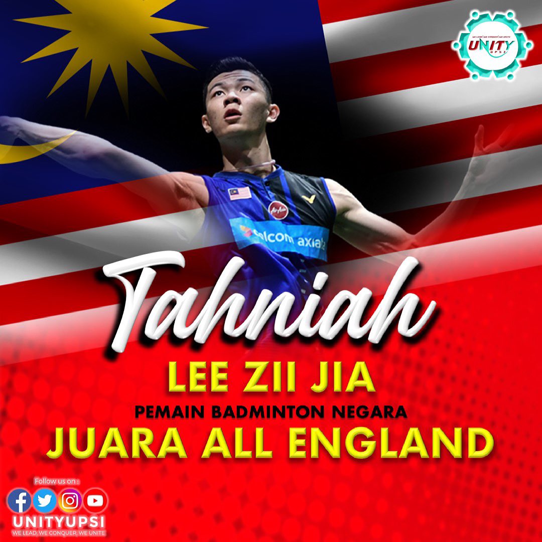 UNITYUPSI_'s tweet photo. [MALAYSIA MENAMATKAN PENANTIAN 4 TAHUN]

Tahniah Lee Zii Jia, tahniah juga diucapkan kepada seluruh atlet badminton negara yang telah menyertai kejohanan All England tahun ini. 

“We Lead, We Conquer, We Unite”

#LeeZiiJia
#KitaUNITY 
#UNITYUPSI 
#UPSIMalaysia 
#UPSINo1Pendidikan https://t.co/75Ajh36u7s