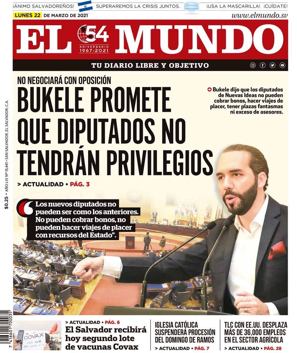 ElMundoSV's tweet photo. #PortadaDEM

Bukele promete que diputados no tendrán privilegios https://t.co/PHmdcVO9C4