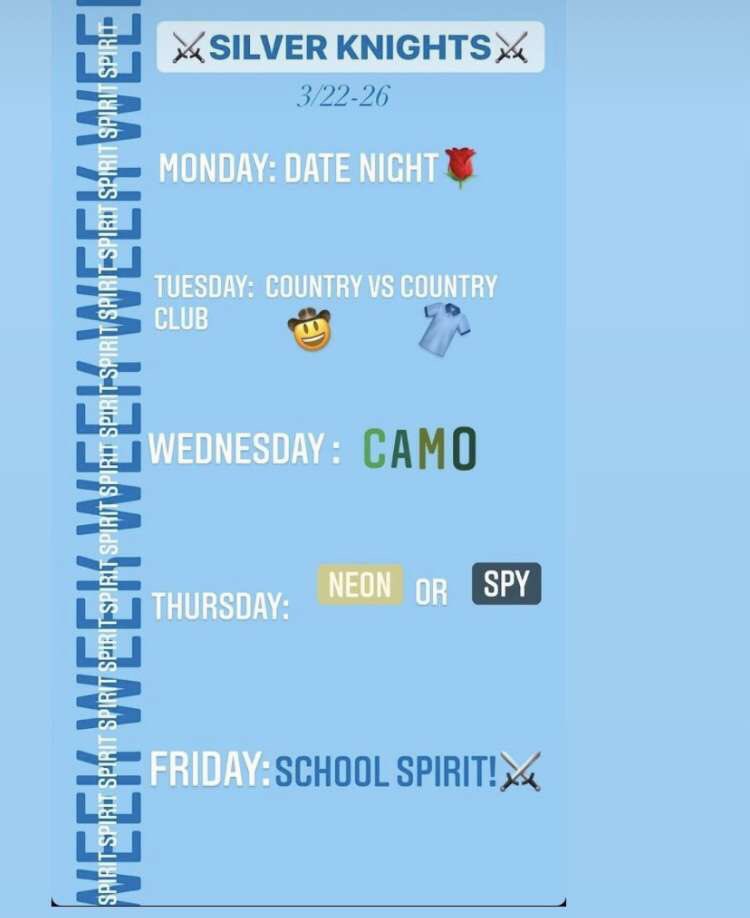 severancestuco's tweet photo. Updated Spirit Week schedule:

Monday: Date Night🌹
Tuesday: Country vs Country Club🤠👕
Wednesday: Camo
Thursday: Neon or Spy 
Friday: School Spirit⚔️

Looking forward to see you guys participate! Have a good week Silver Knights! https://t.co/5vnZifURVf