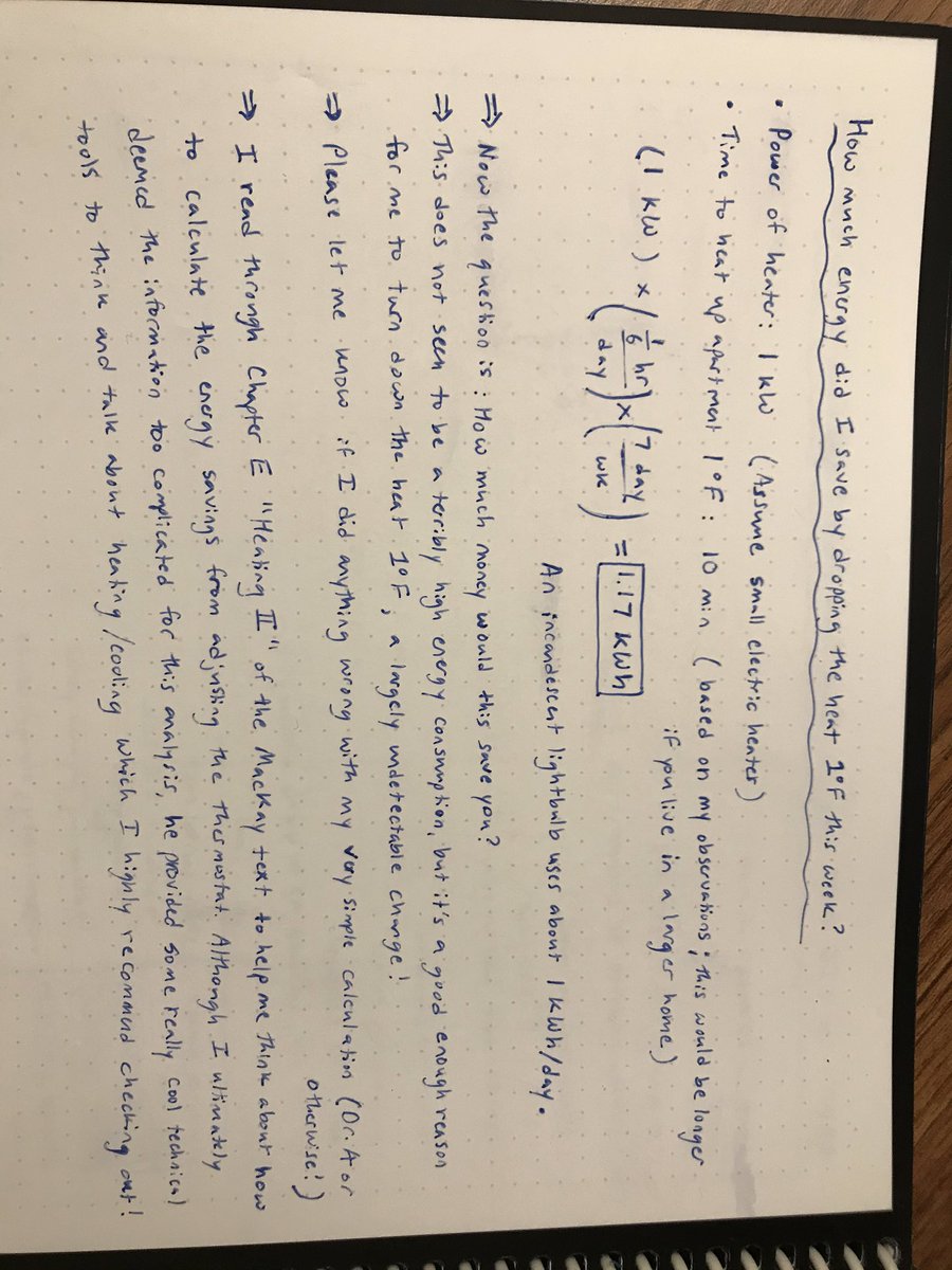 ClaytonMarkham's tweet photo. I was able to convince my roommate to #DropTheHeat 1°F this wk! @DrJDAtkinson wanted to know what the energy savings would be. For my apartment, dropping 1°F for 1 wk saves about 1.17 kWh, a little more than the daily energy required by an incandescent lightbulb. #365challenge https://t.co/HGBnzpmBrF
