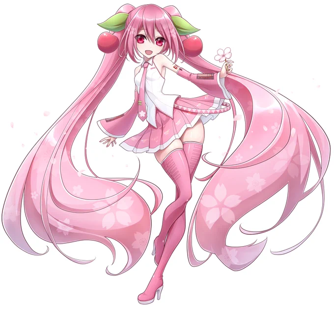 幸貴さんの、桜の花を一輪持ちニッコリ笑顔の桜ミクさん!ふわりと広がる、ボリューム感のある髪が素敵(*'▽')✨【https://t.co/cmrrO9bFA6】 #piapro #初音ミク #桜ミク 