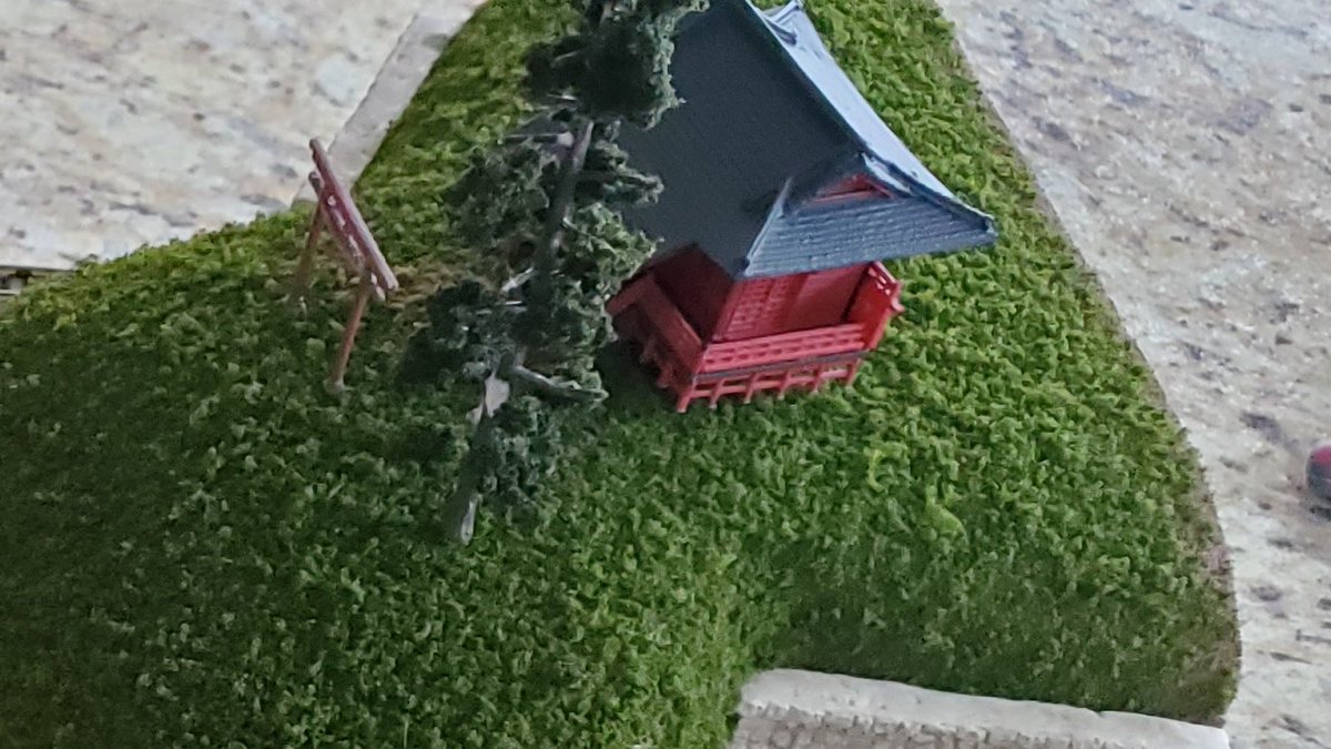 Lastly, made a tree assembly line using <a href="/WoodlandScenics/">Woodland Scenics</a> pine tree kit and put together a little shrine model to have a mountain shrine nestled in the forest. (Remember that path?) #KATOttrakprogress