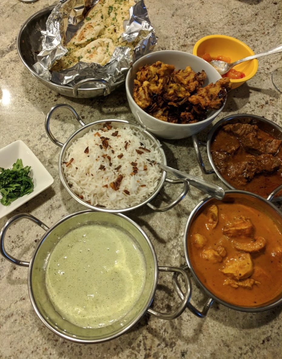 DeakinSound's tweet image. Sunday night's offering: Indian.  Chicken Makhani, Beef Rogan Josh, Onion Bhaji with mint yogurt sauce, Garlic Naan.