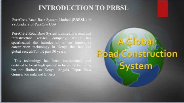 road_base's tweet photo. Introducing PureCrete Road Base System Limited (PRBSL), a road and infrastructure service company which has spearheaded the introduction of an innovative construction technology in Kenya that has had global success for the past 30 years. #prbsl #purecrete #roadbase https://t.co/j46xZnNRXZ