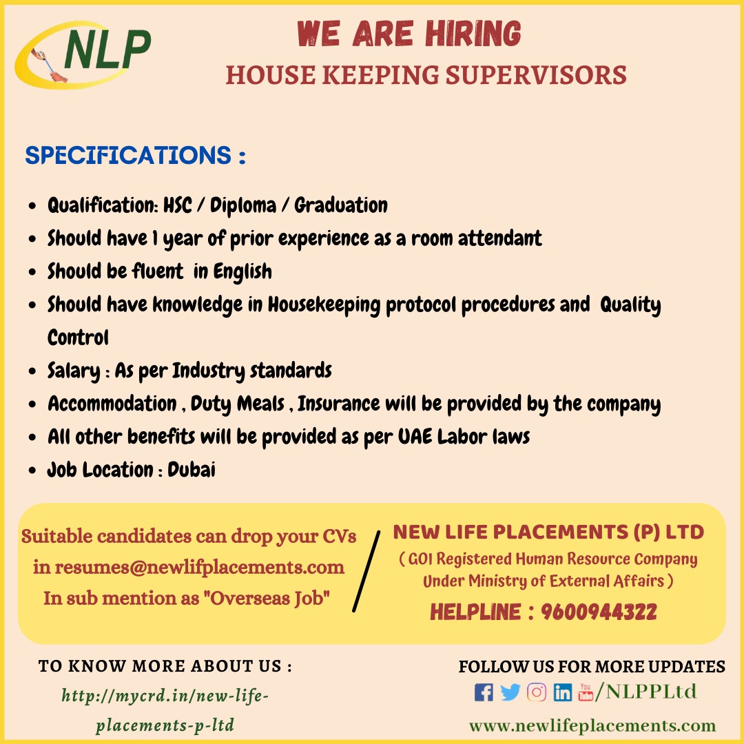 New Life Placements P Ltd on Twitter "Job Opening for House Keeping