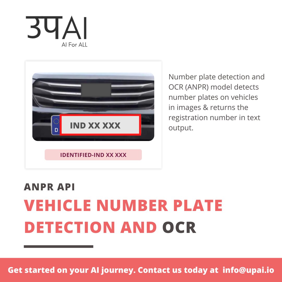 upai_io's tweet photo. Automatic Number Plate Recognition or #ANPR is a technology used to find a vehicle license/number plate without human intervention. With #UPAI collect information that can be studied, stored, or matched to create an ANPR based #application.
 https://t.co/R0ZRAnRDus https://t.co/1UWWJWh3vo