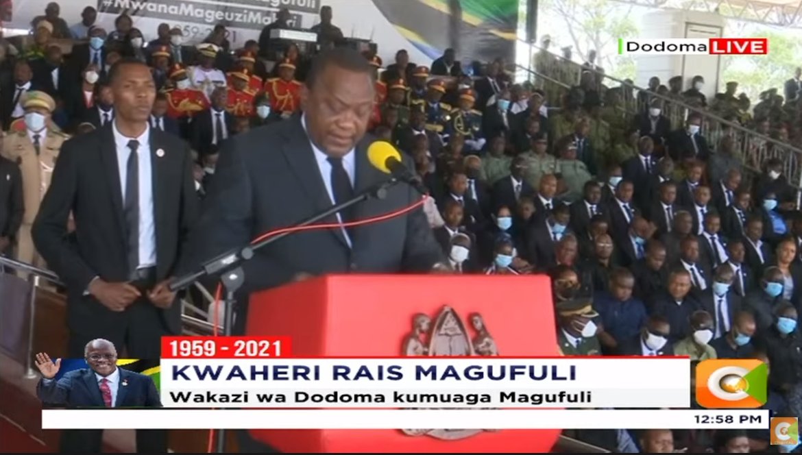 President Kenyatta Wins Mourners' Hearts By Pausing His Speech During Magufuli's Farewell, To Obey Muslim Prayer Call