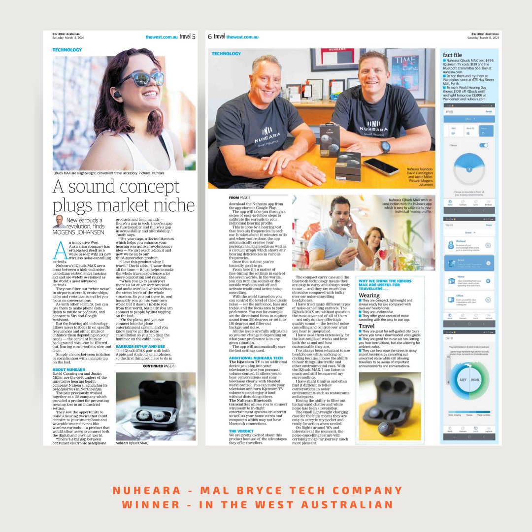 inciteawards's tweet photo. The best way to start the week... a feature on local tech! Congratulations to our Mal Bryce Tech Company 2021 winner @nuheara  on this great spread with @__thewest__ Go WA Technology 👊🏼

#inciteawards #30years #featured #watechnology #innovationliveshere https://t.co/p1kYHtKtOz