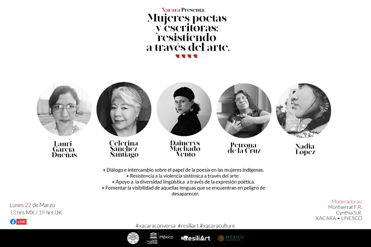 Embamexru's tweet photo. #NoTePierdas hoy, en el marco del Día Internacional de la Poesía, "Mujeres Poetas y Escritoras: Resistiendo a través del arte" un diálogo sobre el papel de la poesía en las mujeres indígenas en colaboración con @UNESCO_es y @Xacara_Culture #Facebooklive. Lunes 22 de marzo 🇬🇧 7pm. https://t.co/ipnXiSqsdi