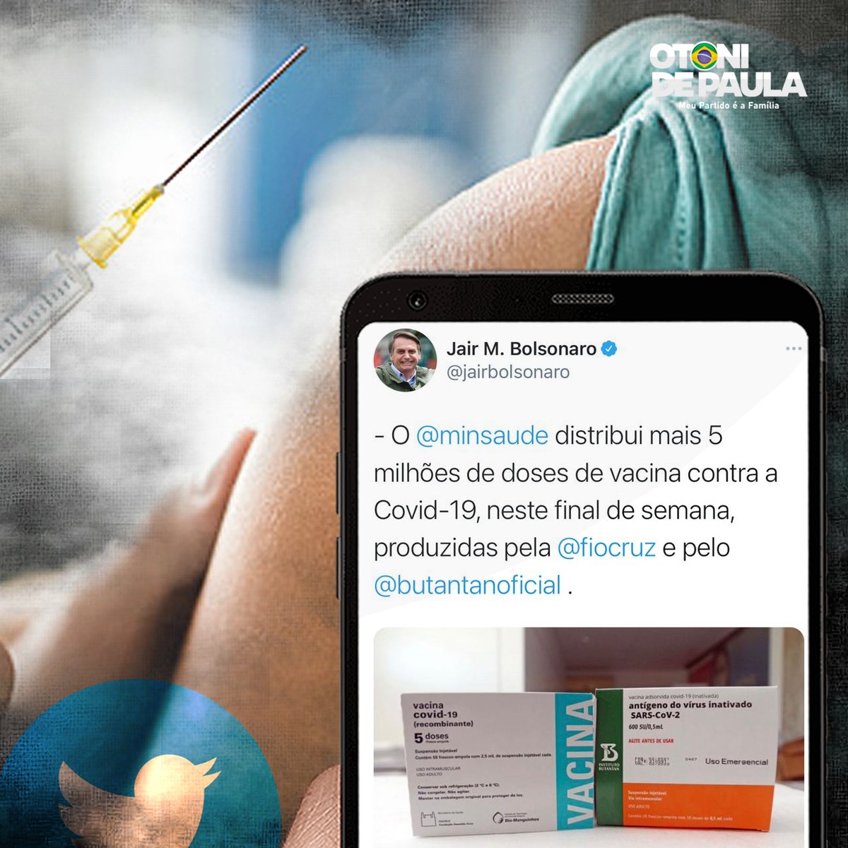 OtoniDepFederal's tweet photo. Brasil Imunizado @jairbolsonaro 
O Ministério da Saúde começou sábado (20) a distribuição de mais de 5 milhões de doses de vacinas contra a Covid-19. São doses produzidas na Fiocruz e no Instituto Butantan. 
#Brasilimunizado #VacinaBrasil #comvida21 https://t.co/lZcM7vM3Kz