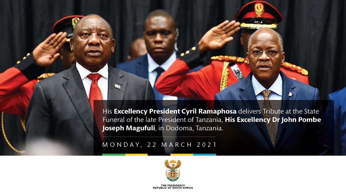 PresidencyZA's tweet photo. His Excellency President @CyrilRamaphosa delivers Tribute at the Official State Funeral of the late President of Tanzania, His Excellency Dr John Pombe Joseph Magufuli, in Dodoma, Tanzania. https://t.co/iMSXXkGItp