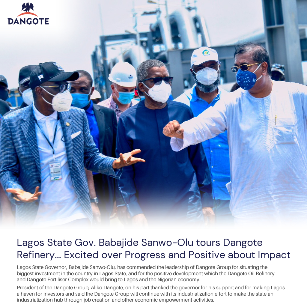 Over the weekend, the Lagos State Gov <a href="/jidesanwoolu/">Babajide Sanwo-Olu</a>  visited the Dangote Refinery and Fertiliser complex at Ibeju Lekki to assess the progress. He commended the leadership of the company for situating the biggest investment in the country in Lagos state.