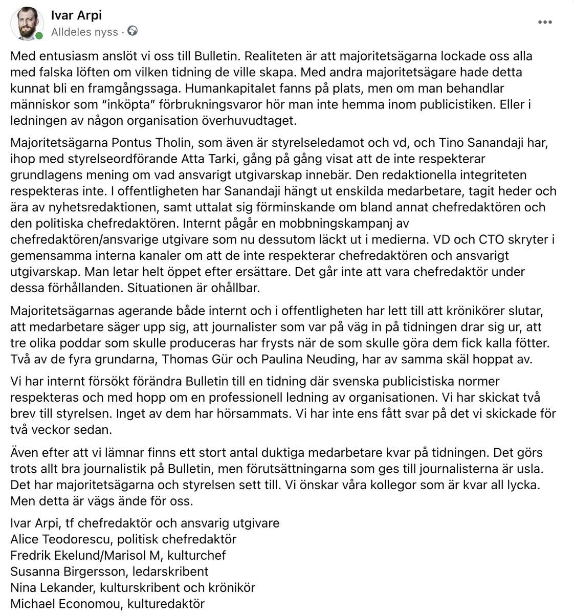 Ivarpi's tweet photo. Nu är det slut för mig och några till på Bulletin. Avskedsbrev bifogat. https://t.co/8uvpNd0f8z