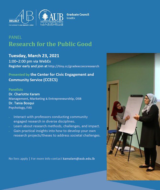 CCE_AUB's tweet photo. Please join us tomorrow for the panel “Research for the Public Good” with Dr. @Ckaram12 and Dr. @taniabosqui
@AUBGradCouncil @AUB_Lebanon @cibl_w https://t.co/J3rhwaODhP