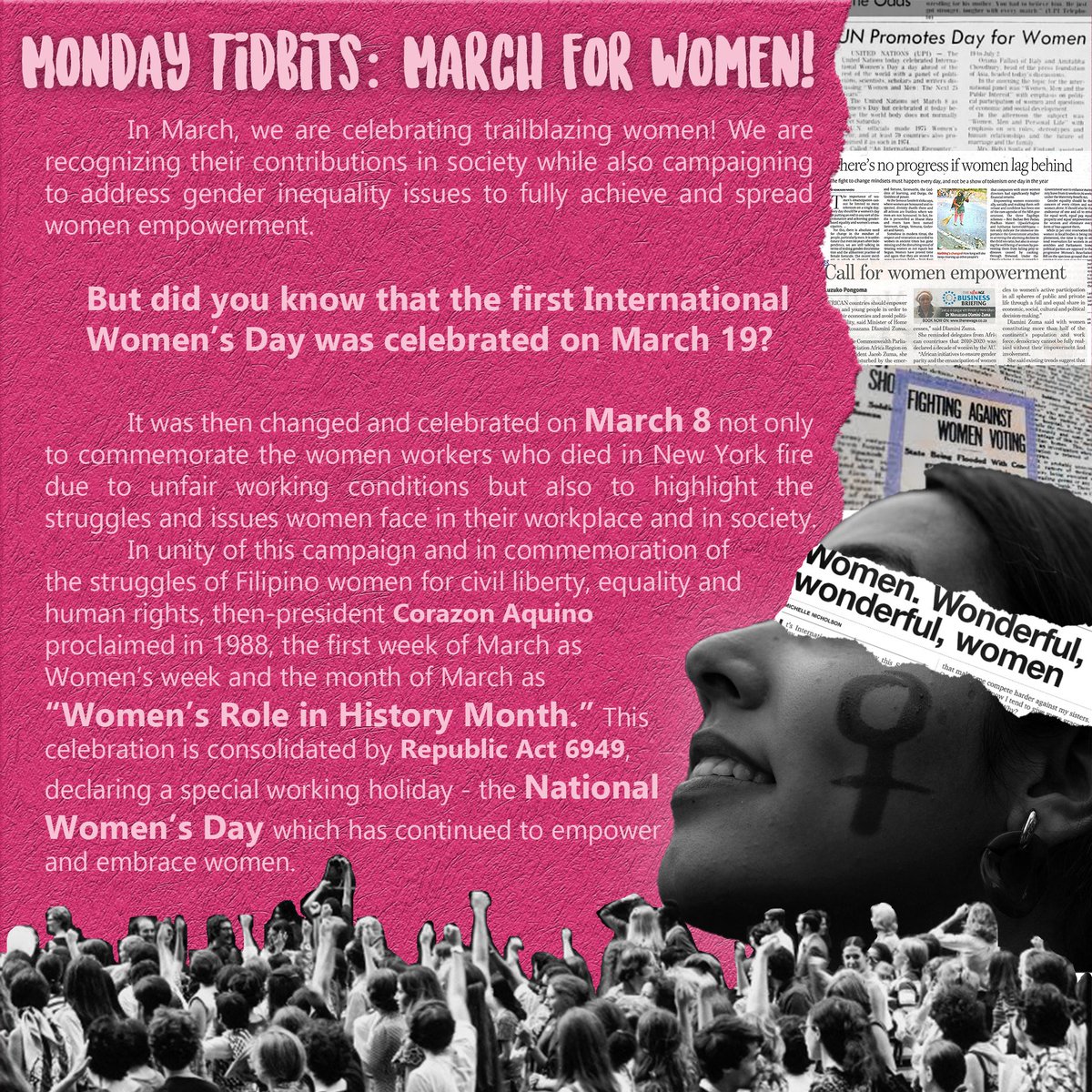 updcsfstc's tweet photo. Celebrate #WomensMonth together with the UPD CS FSTC event HeadCS UP: An Informative Series.
We present you this week's theme: March for Women! Tune in for regular posts as we celebrate International Women's Month!
#WomensMonth
#MondayTidbits
#HeadCSUP
Pubmats by: @imandrew07 https://t.co/mc9fZSroM3