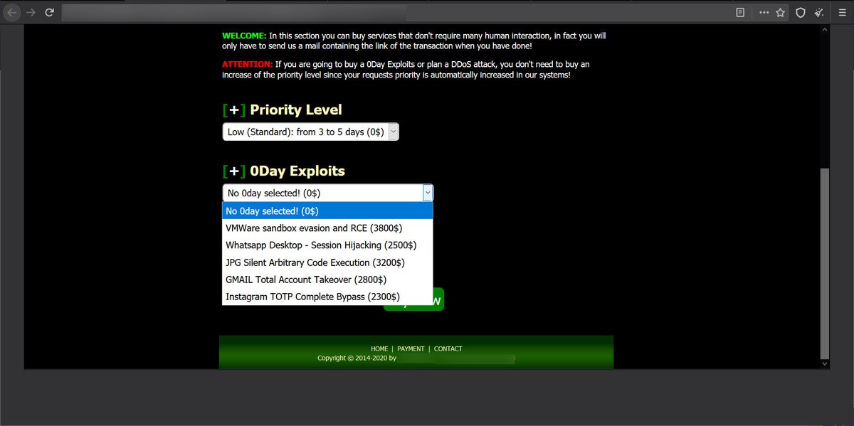 Malwaredev's tweet photo. Another Hacking Site Offering Zero-Day Exploits &amp; DDoS Services:
1. #VMWARE #Sandbox Evasion &amp; #RCE @ $3800
2. #Whatsapp #Desktop - #SessionHijacking @ $2500
3. #JPG #Silent Arbitrary #codeexecution @ $3200

#0dayExploits #Exploits #DDoS #CyberAttack #Hacking #HackingServices https://t.co/FJmI2TeCFl