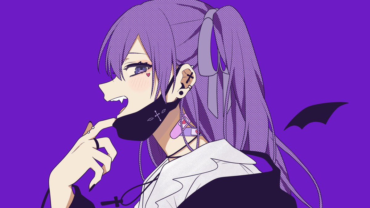 1girl purple hair purple eyes jewelry necklace solo black nails  illustration images