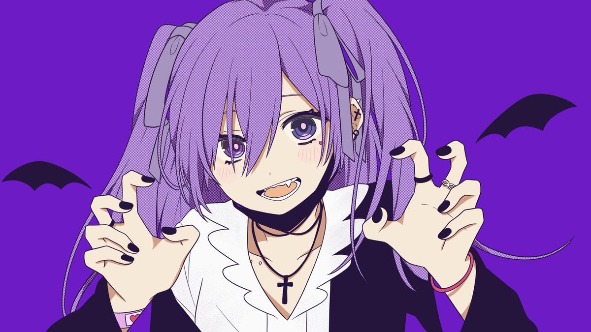 1girl purple hair purple eyes jewelry necklace solo black nails  illustration images