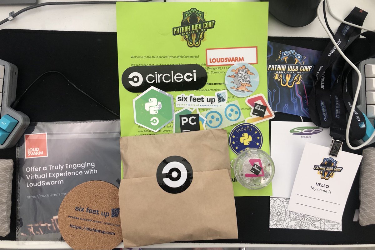 misterrios's tweet image. Totally 😭😭😭 about the care package from @pythonwebconf and sponsors. I’ve missed conference stickers so so much. Special shout out to @CircleCI for going the extra conference mile! 😭😭😭😂😂😂 #PWC2021