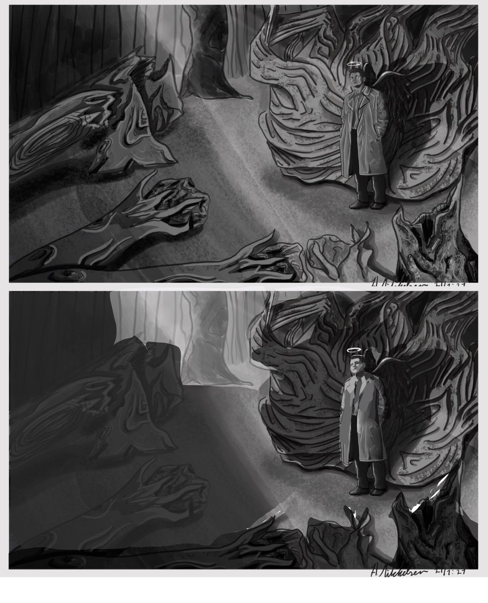 In January I submitted this for my art class for evaluation, and without me naming Cas by name, just as  “a character from a show I like”, my professor wrote back “so if you do this and this for CASTIEL, the values might look more natural.” I died that day.