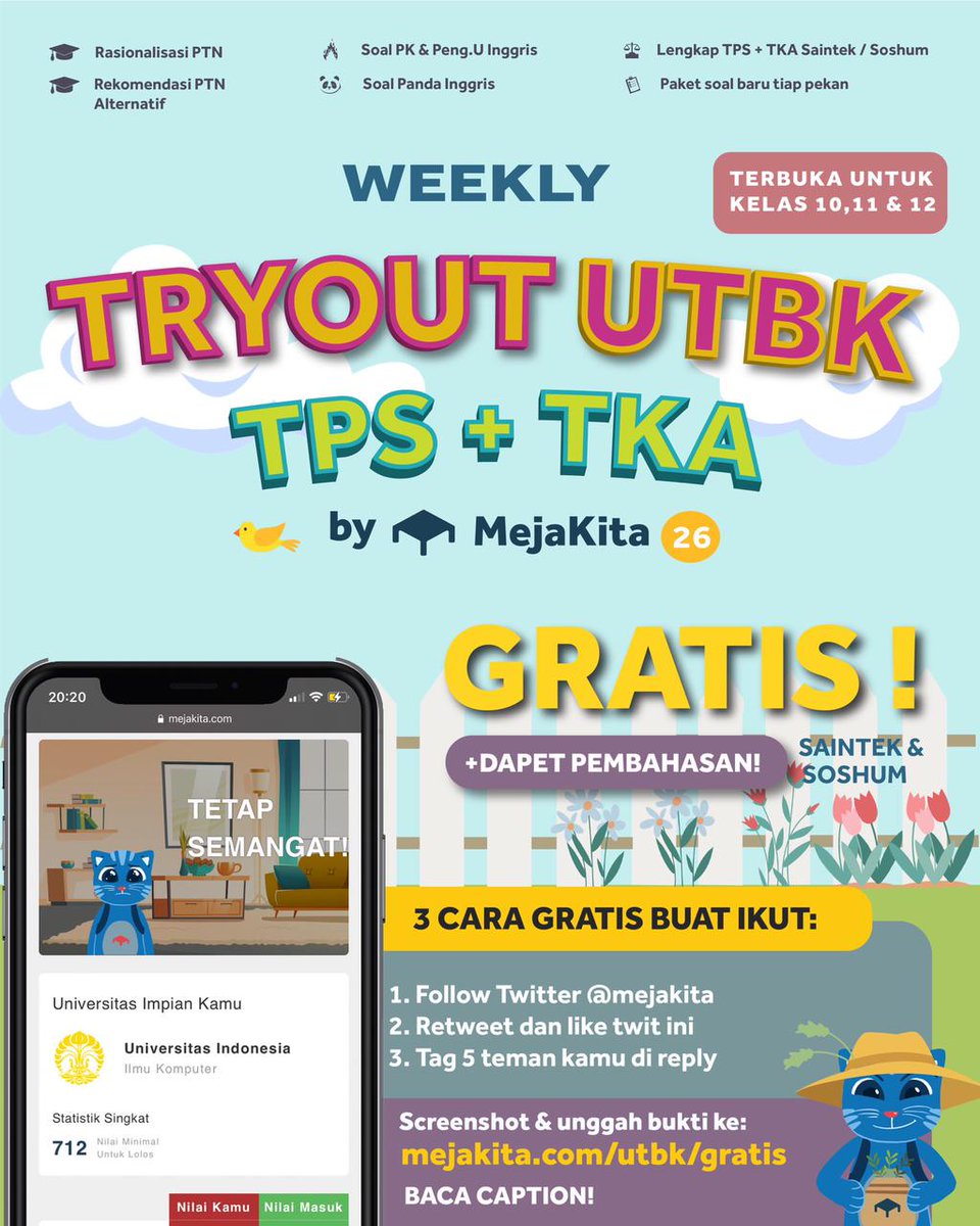 mejakita's tweet photo. PENDAFTARAN WEEKLY TO 26 GRATIS DIBUKA! 😺

Untuk yang masih harus berjuang, kita berjuang bareng bareng yaa🤗
SEMANGAT LAGI YUK! 😽

Cukup ikuti ✅ 3 syarat gampang, &amp; ada SEPULUH (10) hadiah untuk nilai terbaik! 🏆 https://t.co/iOMCRxY41h