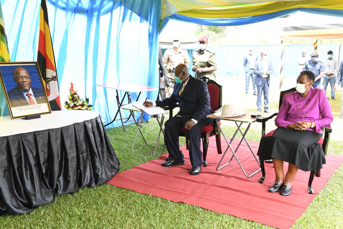 KagutaMuseveni's tweet photo. In company of @JanetMuseveni, I visited the Tanzania High Commission in Kampala to sign the official condolence book and pay our last respects to @MagufuliJP. May he rest in peace. https://t.co/T2bX7cB9sE