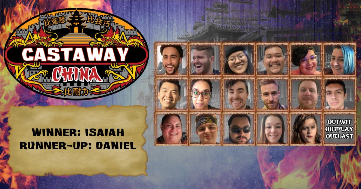CastawaySeries's tweet photo. CASTAWAY: China
March 21, 2021
Winner: Isaiah (@daoxed)
Runner-Up: Daniel (@Daniel_Holten) https://t.co/34HZSvLPLd