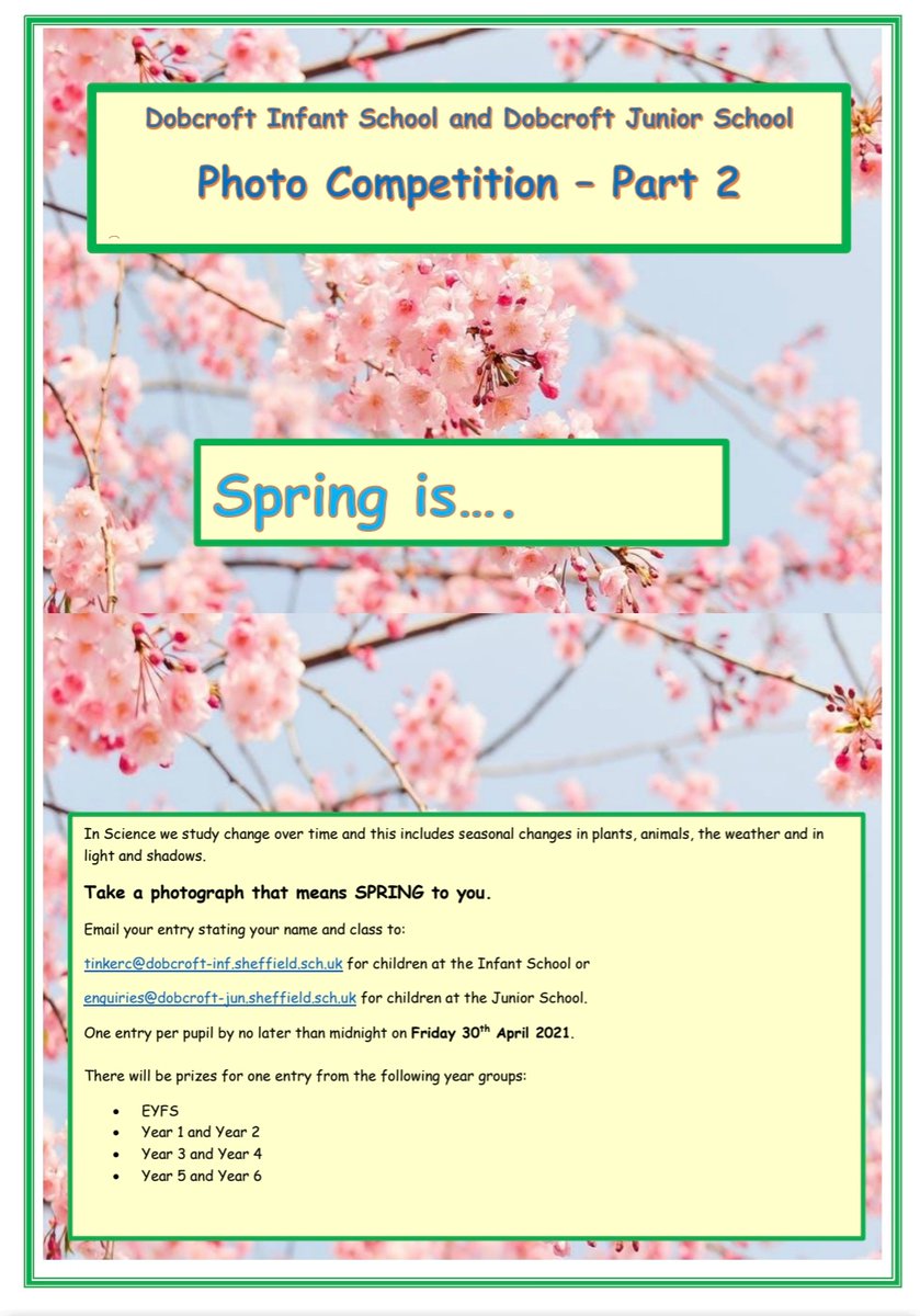 The science photography competition part 2 has began. The theme is SPRING IS... 
Get snapping. <a href="/DobcroftInf/">Dobcroft Infants</a>
