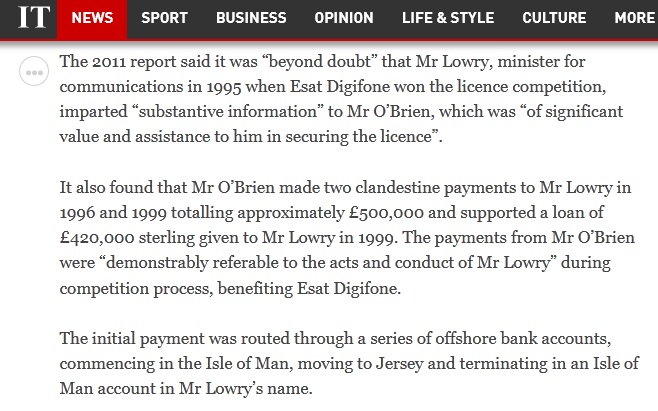 nwl88444048's tweet photo. One Irish media outlet acknowledges the 10-year anniversary of the final #Moriarty report, Irish Times claiming Garda investigations are "ongoing". The report dealt with the award of a lucrative mobile phone licence to Denis O'Brien in May 1996 & payments by DOB to Michael Lowry. https://t.co/Grr31T3c0o