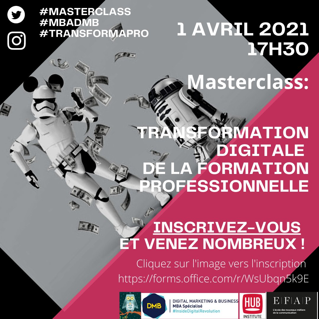 Découvrez mon article sur l’Intelligence Artificielle dans la Formation wp.me/pchx9g-lTO  <a href="/MBADMB/">mbadmb</a> #InsideDigitalRevolution <a href="/TransFormaPro/">Projeto Transforma</a> 
RDV #MasterClass Transformation Digitale de la Formation Professionnelle, 1/04/2021, 17h30, Inscription ici: forms.office.com/r/WsUbqn5k9E