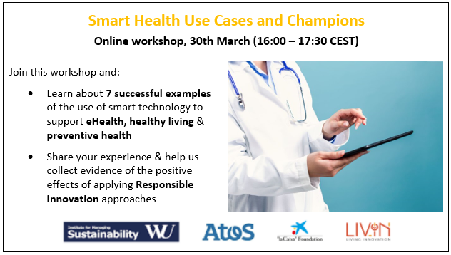 RRITools's tweet photo. Join this workshop by #LIV_IN on March 30th https://t.co/ZBumt5dorE
📍learn about 7 successful examples of use of smart #tech to support #eHealth & healthy living
📍share your experiences & help us collect evidence of the positive effect of applying #RRI approaches
(1/8) https://t.co/9hzddCRJwB
