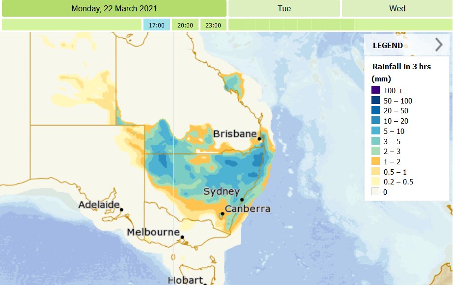 Am still concerned that it's all moving too fast. Is nearly all gone by tomorrow afternoon -- a bit hangs around over the border rivers, that is all: http://www.bom.gov.au/australia/meteye/